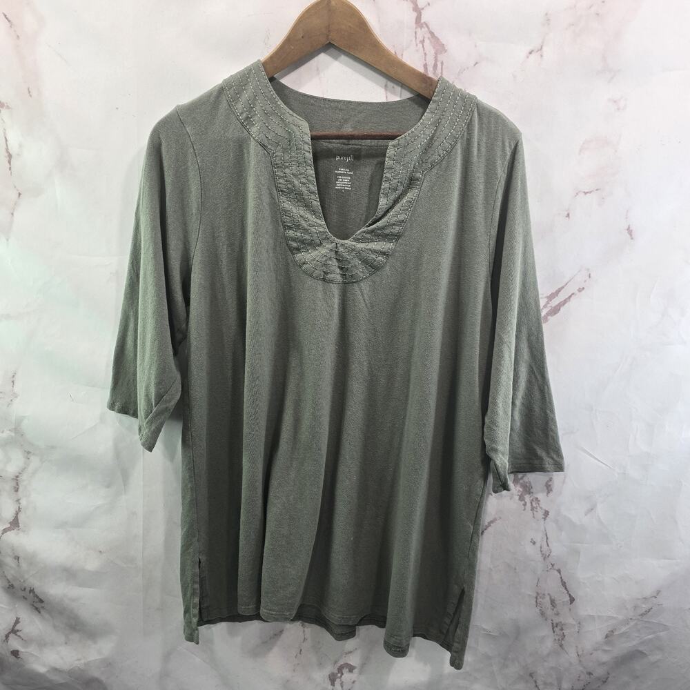 J Jill T Shirt Women Large Green Half Sleeve Trapunto Tunic Linen Blend V Neck